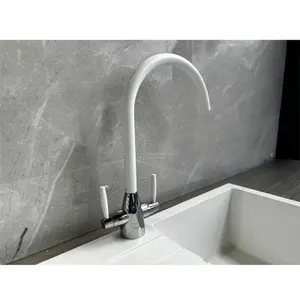 Liquida LC02WH Swan Neck Twin Lever Chrome and White Kitchen Mixer Tap