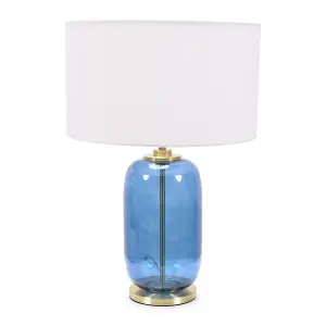 ValueLights Leigh Navy Blue Glass and Gold Detail Table Lamp with White Drum Shade Light - LED Bulb Included