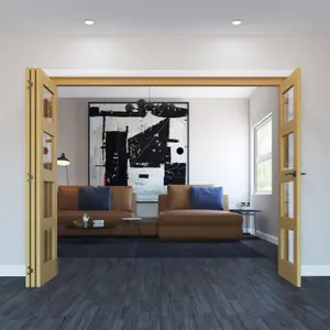 Vertical 0 panel 4 Lite Plain Clear Glazed Shaker Unfinished White oak effect Timber White oak veneer Internal Folding Door set, (H)2060mm (W)2369mm