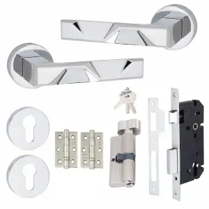 1 Set Nova Design Euro Lock Complete Door Handle Set Thumbturn  Polished Chrome Finish