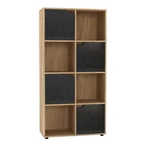 URBNLIVING 119cm Height 8 Cubes Oak Wooden Bookcase Display Shelf Storage Cabinet With Modern Geo Black Door