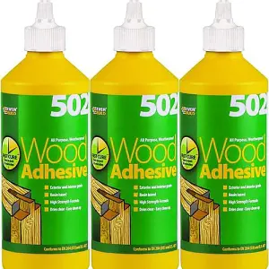 Everbuild 502 All Purpose Weatherproof Wood Adhesive Bottle 500 ml (Pack of 3)