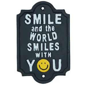 World Smiles With You Sign Plaque Cast Iron Garden House Home Wall Door