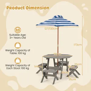 Costway Wooden Octagon Table Set Kids Picnic Table & 4 Chairs w/ Umbrella