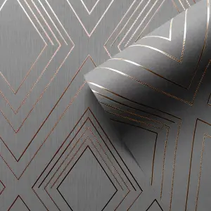 Muriva Charcoal & Rose Gold Geometric Metallic effect Embossed Wallpaper