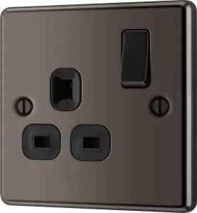 GoodHome Nickel effect Single 13A Gloss Black Socket 1 pole