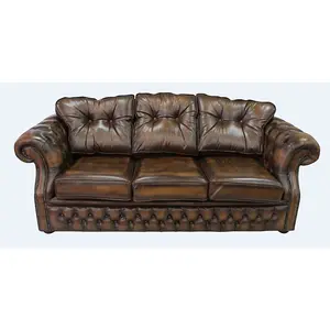 Chesterfield 3 Seater Sofa Settee Antique Tan Leather In Era Style