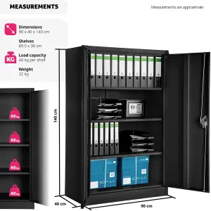 Filing Cabinet - 4 shelves, lockable, 140 x 90 x 40 cm - black