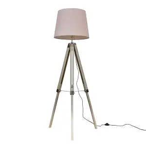 ValueLights Clipper Distressed Wood and Silver Chrome Tripod Floor Lamp with Pink Tapered Light Shade with 6w LED GLS Bulb