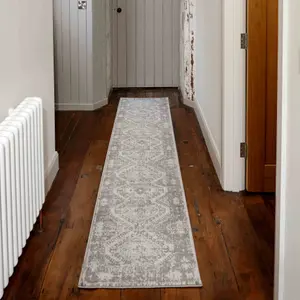 Silver Grey Bordered Geometric Distressed Runner Rug 60x240cm