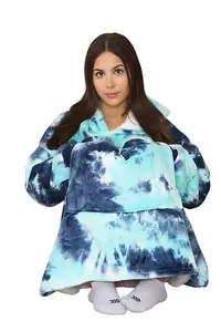 MS9 Women's Oversized Hoodie Wearable Blanket Hoodie Top With Sherpa Lining Green and Blue