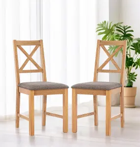 Hallowood Furniture Pair of Oak Small Cross Back Chairs with Grey Fabric Seat