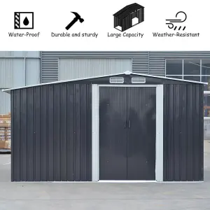 10 x 8 ft Metal Shed Garden Storage Shed Apex Roof Double Door with 9.8 x 2.1 ft Outdoor Log Storage Store,Black