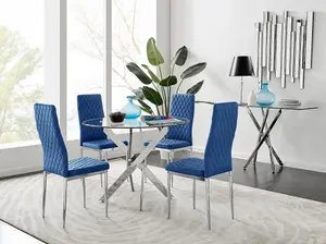 Furniturebox UK Novara Chrome Metal Round Glass Dining Table And 4 Navy Velvet Milan Chairs