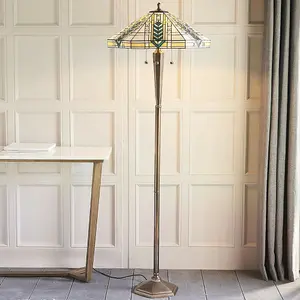 1.6m Tiffany Multi Light Floor Lamp Antique Brass & Stained Glass Shade i00021