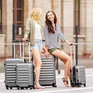 Suitcase Set - 4 hard-shell suitcases with telescopic handle, swivel wheels - grey