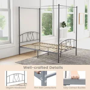 Costway Double Size Metal Canopy Bed Frame 4-Poster Modern Platform Wooden Slat Support