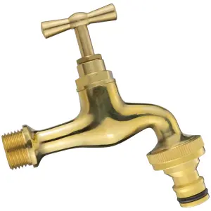 Garden Tap Faucet Mixer, Solid Brass, Polished, 1/2" BSPM with Quick Release Hose Connector