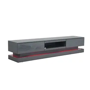 Step TV Stand With Storage for Living Room and Bedroom, 1800 Wide, LED Lighting, Media Storage, Grey High Gloss Finish