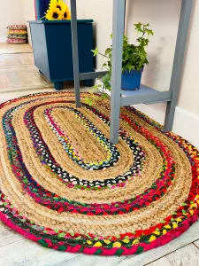 FIESTA Oval Rug Jute Hand Woven with Recycled Fabric / 75 cm x 120 cm