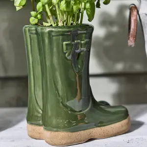 Dark Green Wellington Boots Large Indoor Outdoor Flower Pot Garden Planter