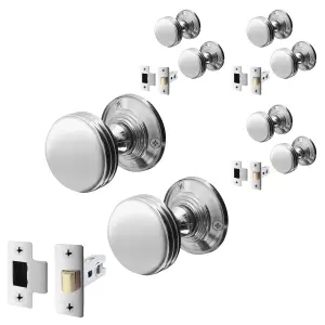 AFIT Lined Door Knob Set Polished Chrome - 4 Pairs of Mortice Knobs (55mm) & Latch (76mm) for Internal Doors