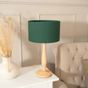 ValueLights Victoria Traditional Light Wood Candlestick Table Lamp with Forest Green Drum Shade