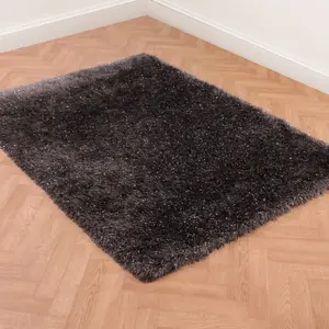 Charcoal Plain Shaggy Modern Sparkle Rug for Bedroom Living & Dining Room - 160cm X 225cm (5ft. 2in. X 7ft. 4in.)