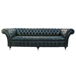 Chesterfield 4 Seater Antique Green Leather Buttoned Seat Sofa In Balmoral Style