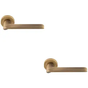 2 PACK - Contemporary Flat Door Handle Set - Antique Brass Smooth Lever on Round Rose