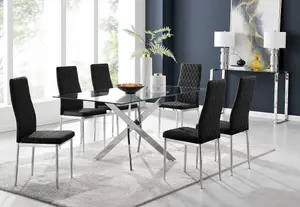 Furniturebox UK Leonardo Glass And Chrome Metal Dining Table And 6 Black Velvet Milan Chairs