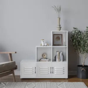 URBNLIVING 90cm Height White 6 Cube Step Shelving Unit With White Metal Doors