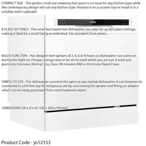 Compact White Worktop Dishwasher - 8 Place Settings for Efficient Home Use