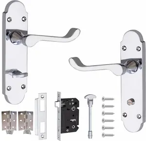 Epsom Design Scroll Bathroom Door Handle 170mm X 40mm Polished Chrome with Bathroom Mortise Lock Set with 1 Pair of 3" Hinges