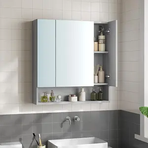 VASAGLE Bathroom Mirror Cabinet, Bathroom Cabinet with Mirror, Wall Mirror Cabinet, Open Compartment, Shelves, Dove Grey