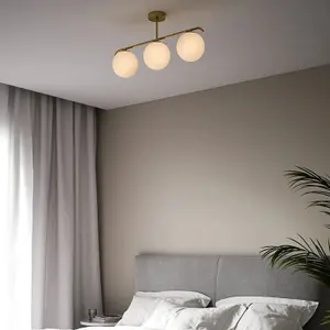 Nordlux Grant Indoor Bedroom Kitchen Dining Hallway 3 Glass Domes Pendant Ceiling Light in Brass (Length) 69.3cm