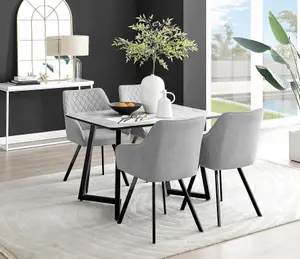 Furniturebox UK Carson White Marble Effect Dining Table & 4 Light Grey Falun Black Leg Chairs