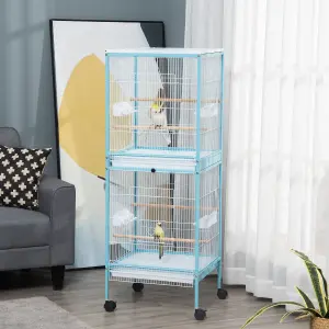 PawHut 2 In 1 Large Bird Cage Aviary with Wheels, Slide-out Trays Wood Perches