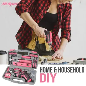 Hi-Spec 35pc Pink 3.6V USB Power Cordless Screwdriver & Home Repair Hand Tool Kit Set in a Tool Box