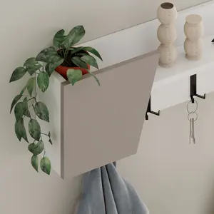 Decortie Modern Eleva Wall-Mounted Hanger White, Mocha Grey Engineered Wood with 4 Black Metal Hooks 74(D)x15.7(D)x26(H)cm