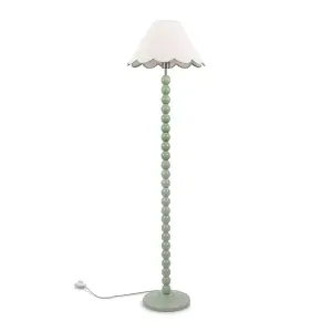 ValueLights Bobbles Sage Green Bobbin Floor Lamp with Green Trim Scallop Shade