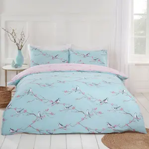 Dreamscene Blossom Bird Duvet Cover with Pillowcase Bedding, Duck Egg - King