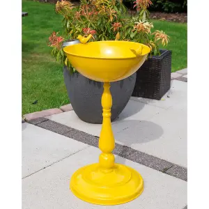 Small Yellow Bird Bath - Weather Resistant Metal Pedestal Style Colourful Outdoor Garden Wild Bird Water Bowl Station, H56 x W30cm