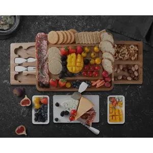 Cheese Board Set, Cheese Platter With 2 Slide-Out Drawers& Cutlery Set& Snack Plates& Marble Cheese Slate, Charcuterie Board For Serving