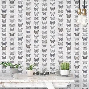 Galerie Organic Textures Beige Grey Jewel Butterflies Stripe Textured Wallpaper