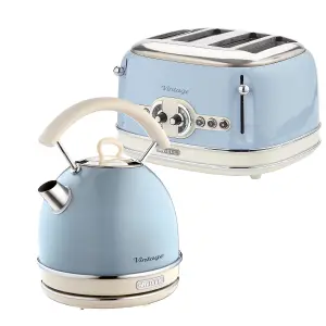 Ariete ARPK41 Vintage Retro Dome Kettle, 4 Slice Toaster Set, Blue