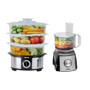 Geepas 12L Food Steamer & 1200W Compact Food Processor Combo Set