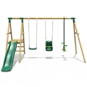 Rebo Voyager Wooden Garden Swing Set with Standard Seat, Baby Seat, Glider, Platform and Slide - Green