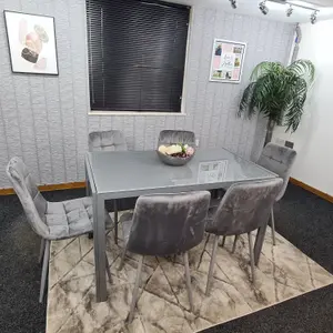 Grey Dining Table and 6 Grey Velvet Chairs Kitchen Dining Set of 6 Glass Table