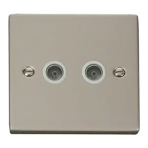 Pearl Nickel 2 Gang Twin Coaxial TV Socket - White Trim - SE Home